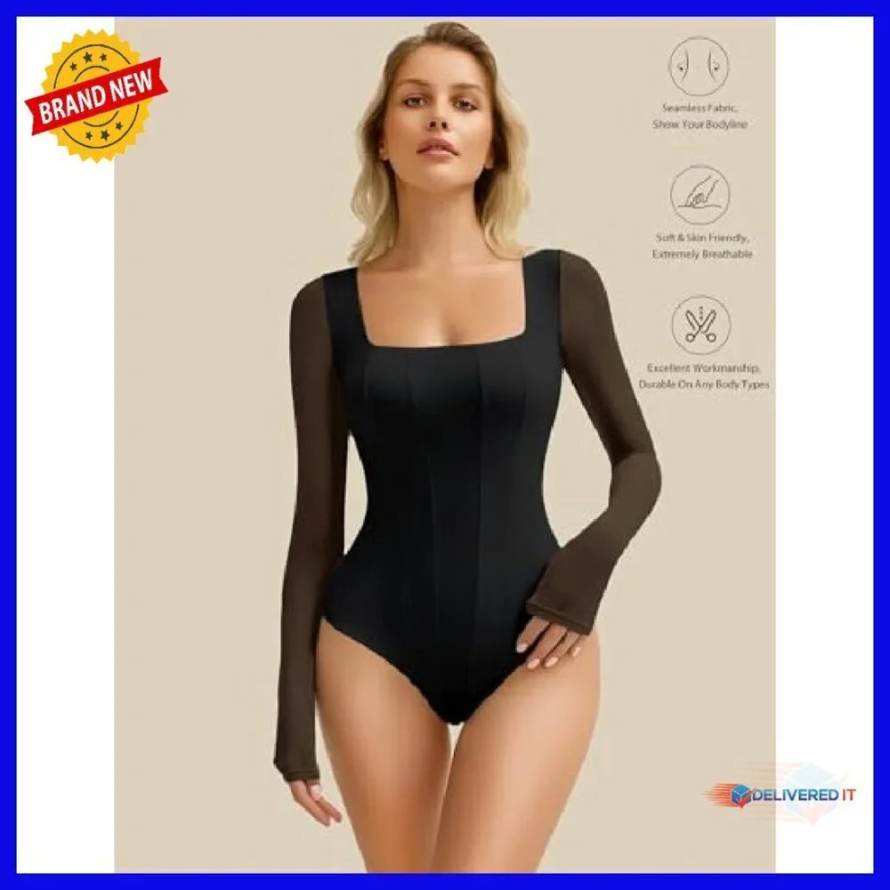 Long Sleeve Mesh Bodysuit Square Neck Soft Stretch Leotard Top